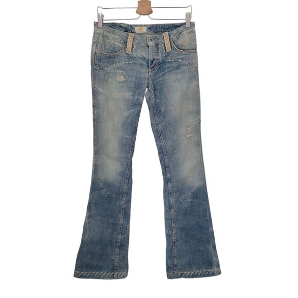 Y2K ANTIK DENIM Distressed Bootcut Low Rise Jeans Weave Pattern Women's Size 27 - Picture 1 of 12